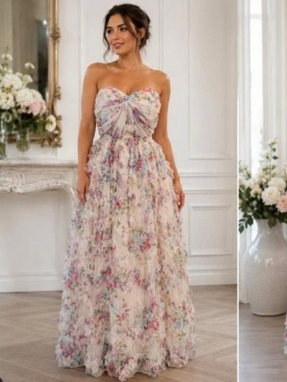 Faeriesty Apricot Multi Ruffle Trim Srapless Floral Organza